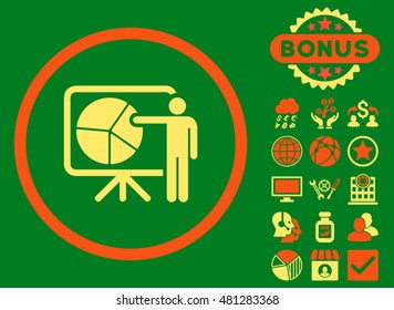 Chart Demonstration icon with bonus. Vector illustration style is flat iconic bicolor symbols, orange and yellow colors, green background.