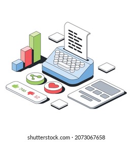 Chart diagram, dislikes like, typewriter, website tablet. Vector 3d sketch line isometric style, color icon illustration. Creative design idea and infographics elements.