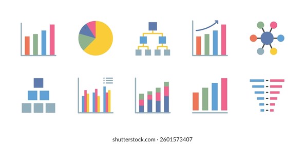 chart diagram infographic data analyst icons. flat color style icon set