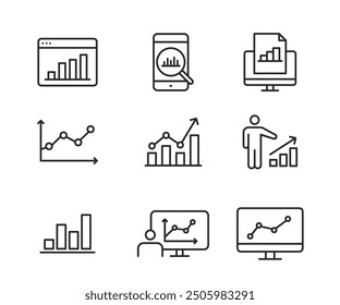 Iconos de línea de gráfico y diagrama. Trazo Editable. Pixel perfecto. Para móviles y Web. Contiene dichos iconos, datos del mercado de valores, gráfico de Organizaciones, informe de progreso, gráfico de barras. ilustración de stock
