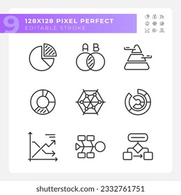 Chart and diagram linear icons set. Data display. Business statistics. Decision making. Project management. Customizable thin line symbols. Isolated vector outline illustrations. Editable stroke