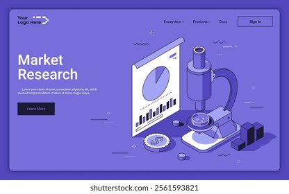 Chart diagram with microscope and coin on purple background. Market research landing page isometric template. Analyzing business data with modern tools 3d vector illustration for web page