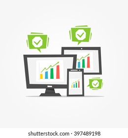 Chart (diagram) on different devices (desktop, tablet, phone) vector illustration. Creative concept.

