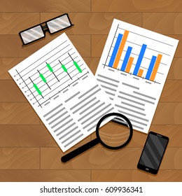 Chart and diagram on table. Economics forecast graphic finance, vector illustration