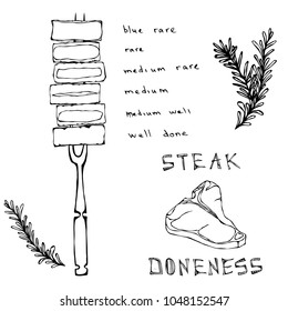 Chart Differently Cooked Pieces of Beef on a Fork and Porterhouse Steak. BBQ Party, Steak House Restaurant Menu. Hand Drawn Vector Illustration. Savoyar Doodle Style.