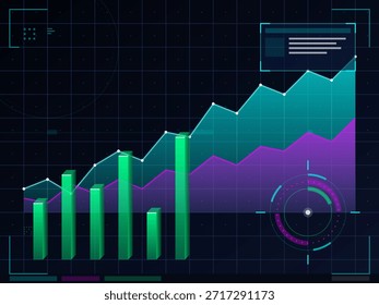 Ein Diagramm zeigt Datentrends mit grünen vertikalen Balken und einer violetten Linie, die sich nach oben bewegt. Der Hintergrund umfasst Gittermuster und Messmarken.