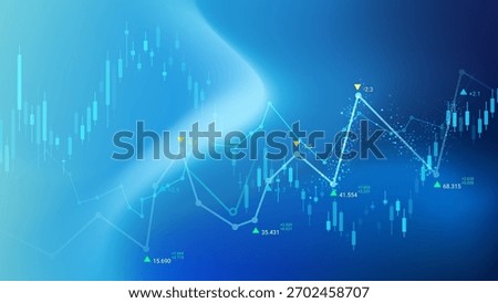 Chart displays stock market data with fluctuating lines and numerical values over a blue background, indicating various trends and prices in finance.