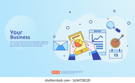 chart document data report concept for business statistics, investment analysis, planning research and finance audit accounting with paper sheet, hands, magnifier, paperwork, charts, graphs element
