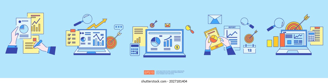 chart document data report concept for business statistics set, investment analysis, planning research and finance audit accounting with paper sheet, hands, magnifier, paperwork, chart, graphs element