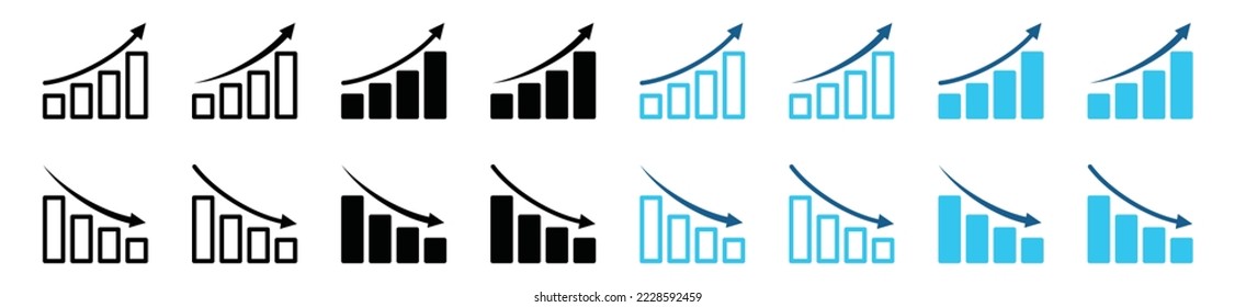 Gráfica hacia arriba y gráfico hacia abajo colección de iconos. Gráfico de barras de crecimiento o icono de flecha de éxito de crecimiento. Flecha de gráfico de negocios. Crecimiento del gráfico financiero. Juego de gráficos en crecimiento, ilustración de símbolo	
