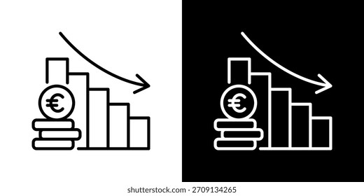 Icono De Gráfico Hacia Abajo Con El Símbolo De La Moneda Del Euro. Diseño De Línea Fresca Construido Para Una Flexibilidad Creativa En Versiones Claras Y Oscuras.