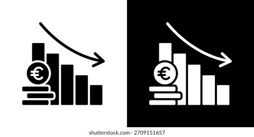 Icono De Gráfico Hacia Abajo Con El Símbolo De La Moneda Del Euro. Diseño De Estilo Plano Creado Para Una Flexibilidad Creativa En Versiones Claras Y Oscuras.