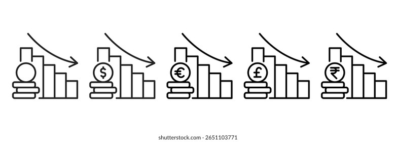 Chart Down Icon Set With Different Currencies