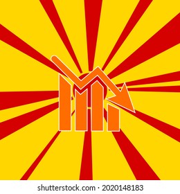 Chart down symbol on a background of red flash explosion radial lines. The large orange symbol is located in the center of the sun, symbolizing the sunrise. Vector illustration on yellow background
