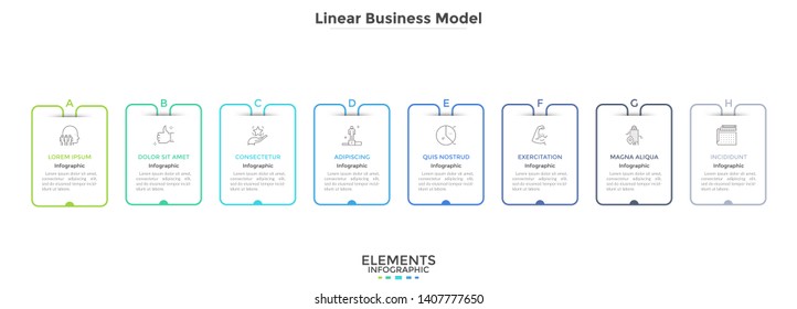 Chart with eight rectangular elements placed in horizontal row. Business model with 8 steps of startup project development. Linear infographic design template. Vector illustration for progress bar.