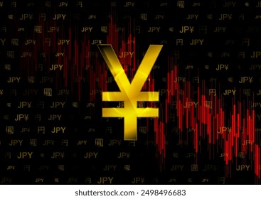 Chart of the fall of the Japanese stock market and the Japanese yen. Various golden icons, symbols and hieroglyphs on a black background. Vector illustration