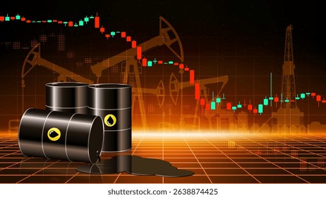 Chart of falling oil prices per barrel. Crude oil barrels on dark abstract desert background. Spilled puddle of crude oil. Concept of falling prices, crisis. Market analysis. Vector illustration
