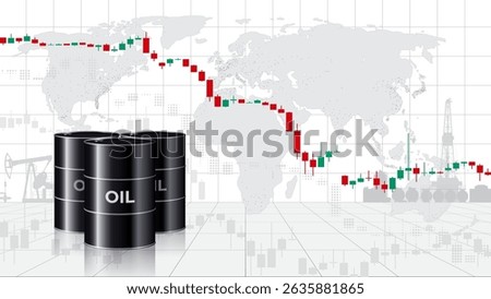 Chart of falling oil prices per barrel. Crude oil barrels on map background. Analysis fall of global energy markets. Influence of economic insiders. World market review. Investment strategies. Vector
