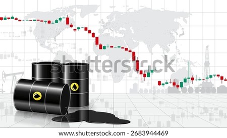 Chart of falling oil prices per barrel. Barrels, puddle of spilled crude oil on map background. Analysis fall of global energy markets. World market review. Investment strategies. Vector