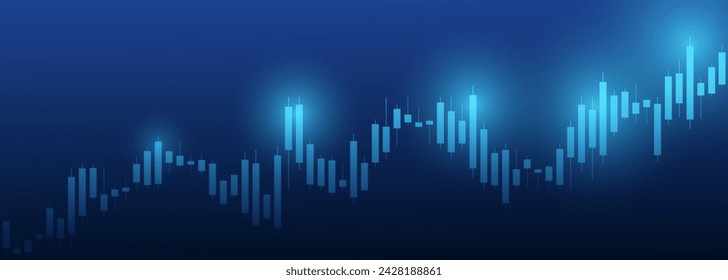 Un gráfico de candelabros financieros sobre un fondo azul. Herramientas de gráficos para comerciantes. El mercado de los intercambios de criptomonedas. Ilustración vectorial.