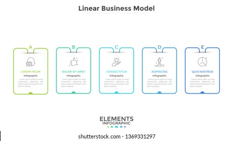 Chart with five rectangular elements placed in horizontal row. Business model with 5 steps of startup project development. Linear infographic design template. Vector illustration for progress bar.