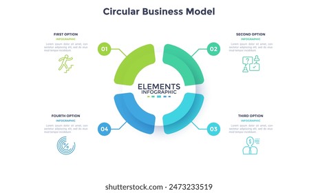 Chart with four circles connected to round element in center. Concept of four features of business project. Infographic design template. Flat vector illustration.