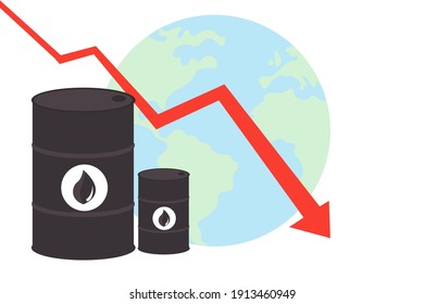 Disminución del precio del petróleo con flecha hacia abajo, tambor y mapa del mundo