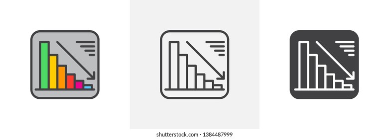 Chart goes down icon. Line, glyph and filled outline colorful version, Decrease graph outline and filled vector sign. Negative dynamic symbol, logo illustration. Different style icons set