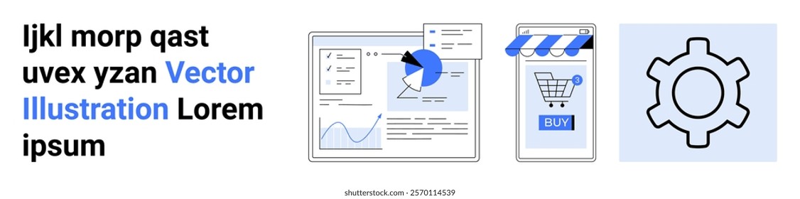 Chart and graph analysis, online shopping cart on mobile device, gear icon for settings. Ideal for e-business, data analytics, mobile commerce, technology, digital marketing. Banner for landing page