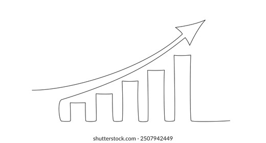 Chart graph with up arrow in continuous single line style. Concept of business growth. Bar chart one line. Business financial sales market growth. Growing graph editable stroke vector illustration