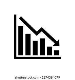 Gráfico. Gráfico de iconos negros hacia abajo con flecha aislada en fondo blanco. Porcentaje de caída del holograma. Recesión de dirección para el concepto de mal manejo del negocio de diseño. Análisis. Ilustración del vector