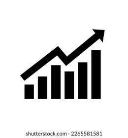 Gráfico. Crecimiento del gráfico del icono negro con flecha aislada en fondo blanco. Porcentaje positivo de holograma. Concepto de gestión de negocios de diseño de dirección de crecimiento. Gráfico circular de análisis. Ilustración del vector