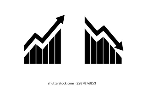 Chart graph. Black Icon growth and downward with arrow isolated on background. Hologram positive, fall percentage. Design business concept direction growth, recession. Analysis. Vector illustration