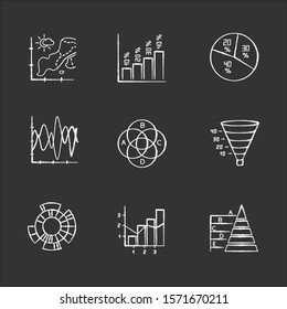 Chart and graph chalk icons set. Temperature map. Vertical histogram. Pie diagram. Funnel chart. Venn diagram. Sunburst graph. Mixed chart. Pyramid. Isolated vector chalkboard illustrations