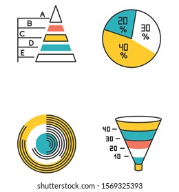 Chart and graph color icons set. Pie diagram. Pyramid chart. Polar watch. Funnel infographic. Marketing conversion strategy. Business model, economic report. Isolated vector illustrations