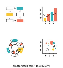 Chart and graph color icons set. Data connection and wiring. Process steps, progress stages. Mixed chart. Sunburst radial diagram. Scatter bubble chart. Business. Isolated vector illustrations