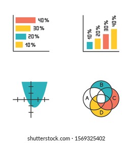 Chart and graph color icons set. Horizontal and vertical histogram with interest rates. Function curve. Venn diagram with letter indexes. Trigonometry study. Business. Isolated vector illustrations
