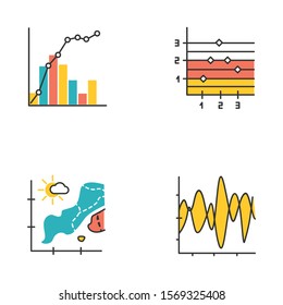 Chart and graph color icons set. Temperature map. Point and figure chart. Seismic activity presentation. Mixed graph with histogram and linear elements. Vibration curve. Isolated vector illustrations