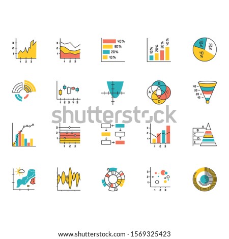 Chart and graph color icons set. Pie diagram. Horizontal and vertical histogram. Area chart. Venn diagram. Pareto curve. Temperature map. Polar watch. Scatter chart. Isolated vector illustrations