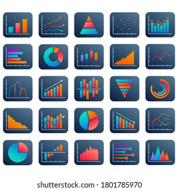 Chart, graph and diagram icon set. Business report, statistics, data analysis, finance market design elements. Ui, app and website graphic. Vector illustration.