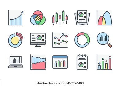 Chart, Graph and Diagram related color line icon set. Statistical report and Analytics data outline vector icons.