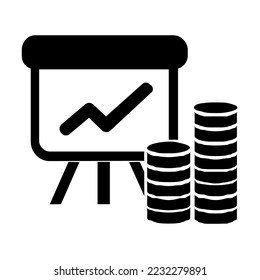 Gráfico, gráfico, diagrama con dinero y pilas de metal redondo, pilas de monedas metálicas, símbolo de crecimiento económico, progreso, beneficio, riqueza, tesoro, gráfico, vector, ilustración en color negro y blanco