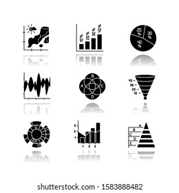 Chart and graph drop shadow black glyph icons set. Temperature map. Vertical histogram. Pie diagram. Funnel chart. Venn diagram. Sunburst graph. Mixed chart. Pyramid. Isolated vector illustrations