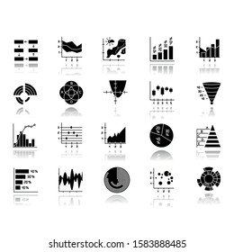 Chart and graph drop shadow black glyph icons set. Pie, Venn diagram. Horizontal, vertical histogram. Scatter, area chart. Pareto curve. Temperature map. Polar watch. Isolated vector illustrations