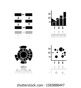 Chart and graph drop shadow black glyph icons set. Data connection and wiring. Process steps. Mixed chart. Sunburst radial diagram. Scatter bubble chart. Business. Isolated vector illustrations