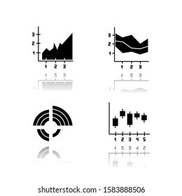Chart and graph drop shadow black glyph icons set. Radial diagram with increasing values. Area charts with segments. Vertical scatter histogram. Business research. Isolated vector illustrations