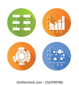 Chart and graph flat design long shadow glyph icons set. Data connection, wiring. Progress stages. Mixed chart. Sunburst radial diagram. Scatter bubble chart. Business. Vector silhouette illustration