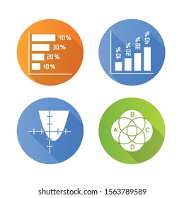 Chart and graph flat design long shadow glyph icons set. Horizontal and vertical histogram with interest rates. Function curve. Venn diagram. Trigonometry. Business. Vector silhouette illustration