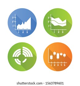Chart and graph flat design long shadow glyph icons set. Radial diagram with increasing values. Area charts. Vertical scatter histogram. Business research, report. Vector silhouette illustration