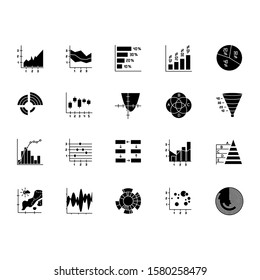 Chart and graph glyph icons set. Pie diagram. Histogram. Area chart. Venn diagram. Pareto curve. Temperature map. Polar watch. Scatter chart. Silhouette symbols. Vector isolated illustration